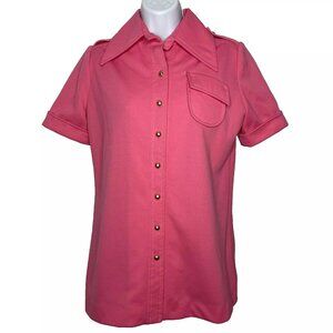Vintage 70s Puccini Button Up Shirt Top Size 8 Pink Polyester Fly Spread Collar